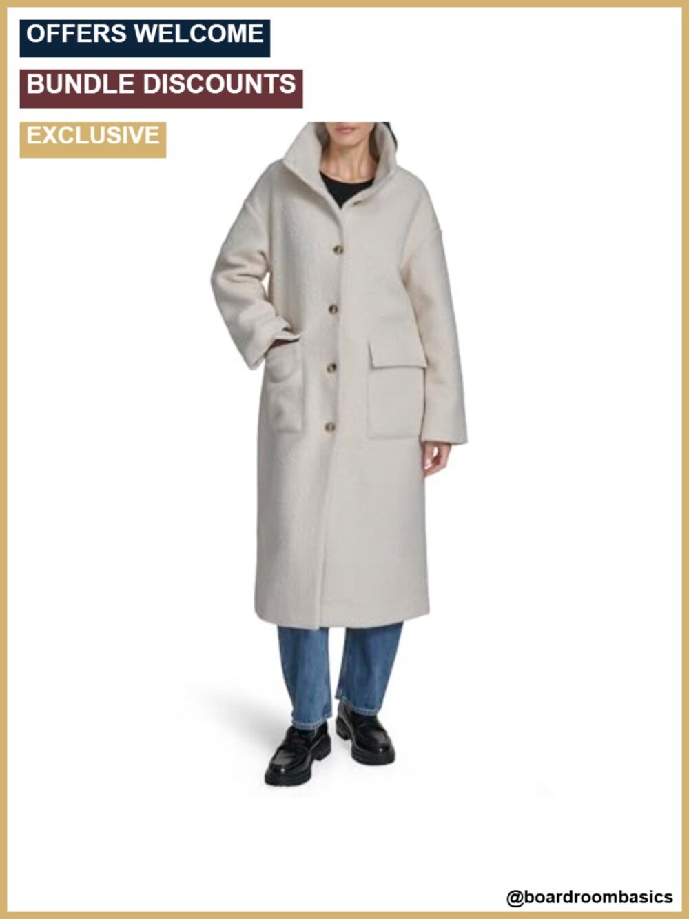 Women's Boucle Stand Collar Long Car Coat Relaxed Fit Button Front Jacket